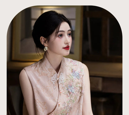 New Chinese Style Women Costume Vest Qipao Set Retro Jacquard Embroidery Tang Costume Silky Satin Waistcoat Dress Evening Dress