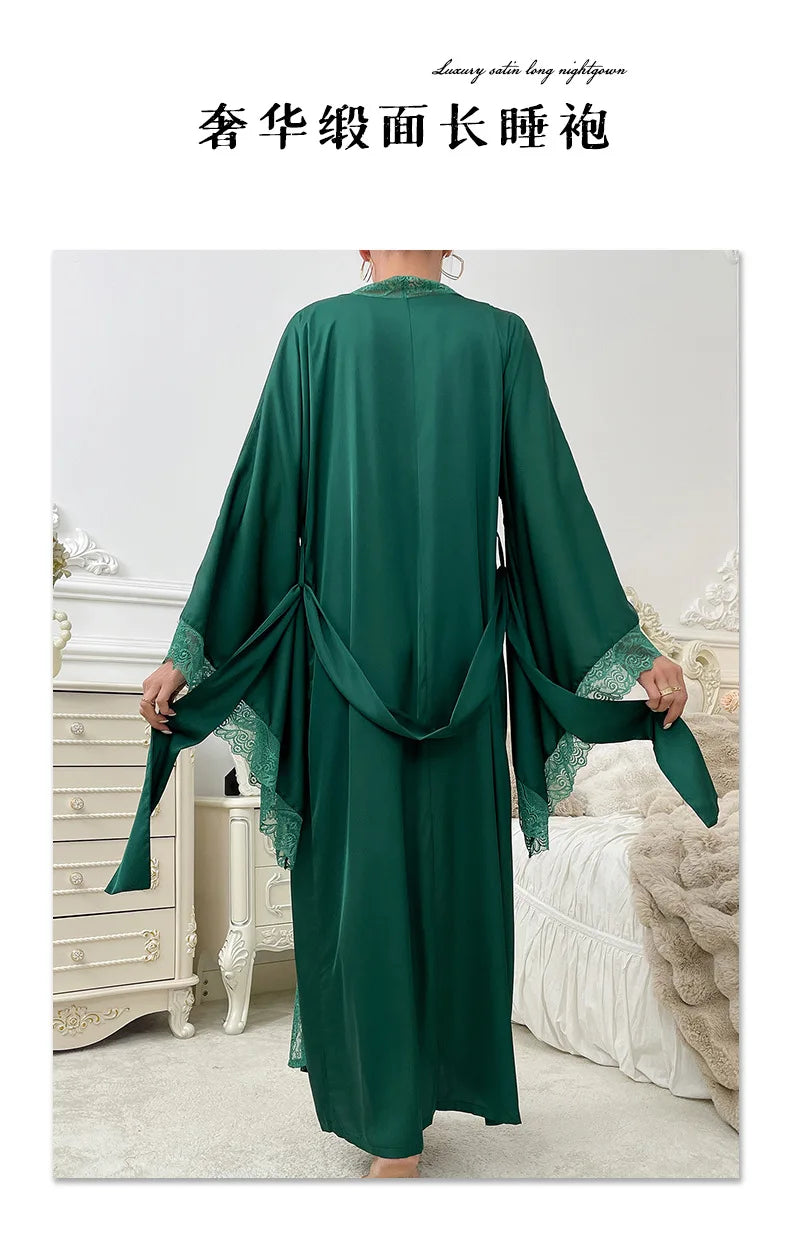 Sexy Lace Kimono Bathrobe Gown Ice Silk Women Long Robe Dress Nightgown Spring New Sleepwear Nightwear Loose Homewear Loungewear