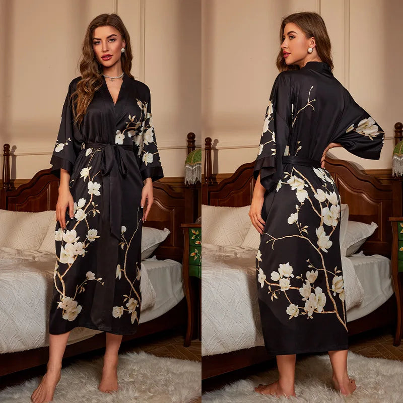Female Long Robe Chinese Style Print Flower Sleepwear Nightgown Half Sleeve Kimono Bathrobe Gown Loose Casual Satin Home Wear