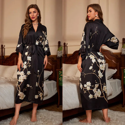 Female Long Robe Chinese Style Print Flower Sleepwear Nightgown Half Sleeve Kimono Bathrobe Gown Loose Casual Satin Home Wear