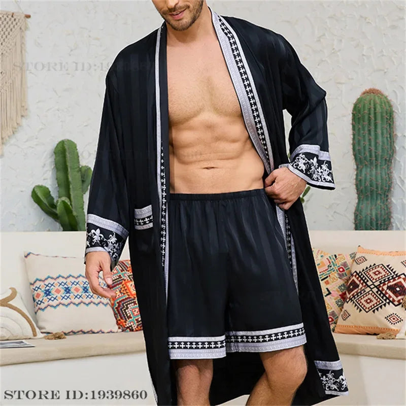 Men Pajama 2PCS Robe Set Spring Summer New Silk Satin Sleepwear Kimono Bathrobe Gown Loose Casual Home Clothing Loungewear