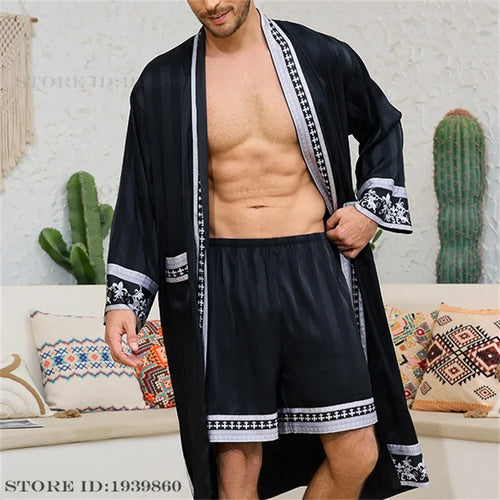 Men Pajama 2PCS Robe Set Spring Summer New Silk Satin Sleepwear Kimono Bathrobe Gown Loose Casual Home Clothing Loungewear