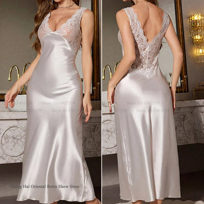 Elegant Long Nightgown Home Clothing New Female Sleepwear Nighty Sexy Perspective Lace Nightdress Satin Loungewear Lingerie