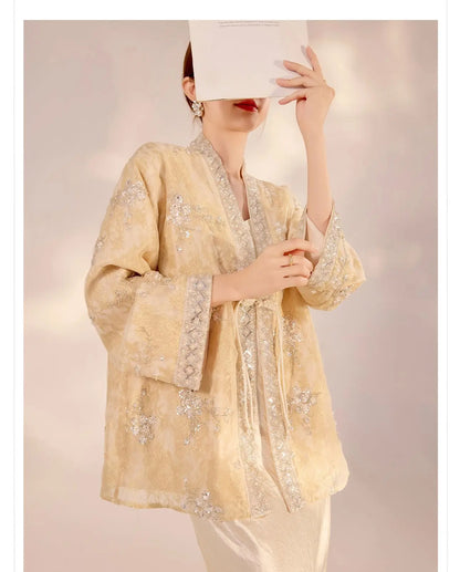 Chinese Style Tang Clothes Qipao Tops Sequin Embroidery Hanfu Cardigan Vintage V-Neck Women Jacket Elegant Spring Summer Outwear