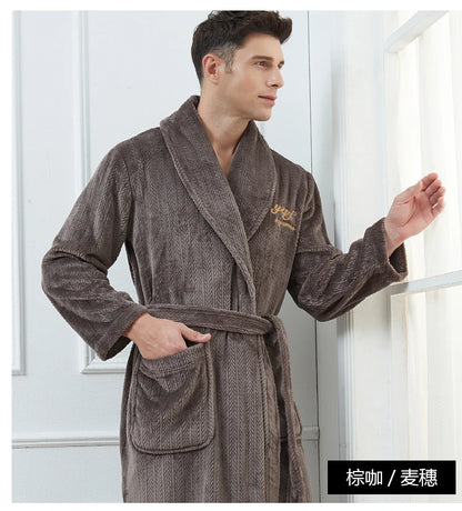 Winter Autumn Thicken Lapel Kimono Shower Robe Men's Warm Flannel Bathrobe Sleepwear with Pocket Loungewear Plus Size 3Xl 4Xl