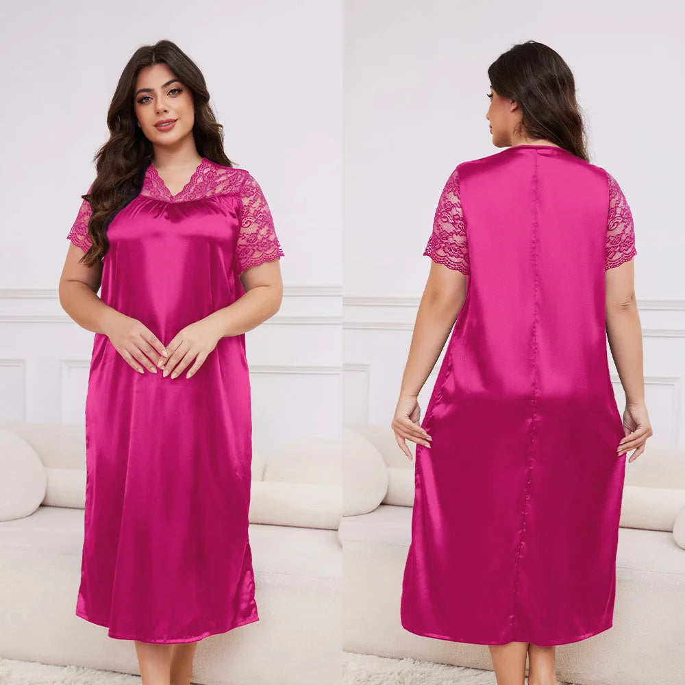 Large Size 3XL 4XL 5XL Long Nightgown Spring Summer New Female Sleepwear Loungewear Sexy Frill Lace Nightdress Ice Silk Homewear
