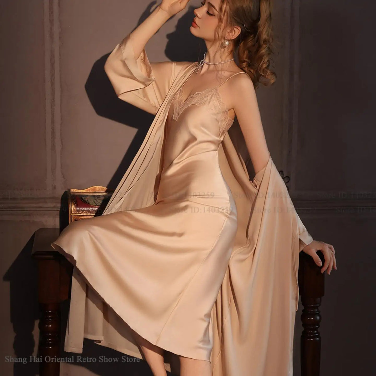 Elegant Female Twinset Robe Set Long Kimono Bathrobe Gown Sexy Lace Nightgown Lingerie Spring Autumn New Sleepwear Home Dress