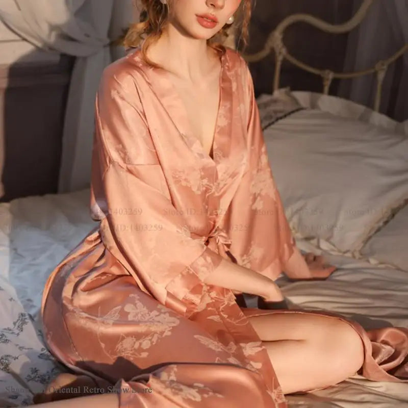 Luxury Jacquard Long Robe Nightgown Women Half Sleeve Kimono Bathrobe Gown Satin Ice Silk Sleepwear Sexy Home Dress Lounge Wear