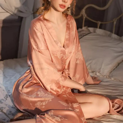 Luxury Jacquard Long Robe Nightgown Women Half Sleeve Kimono Bathrobe Gown Satin Ice Silk Sleepwear Sexy Home Dress Lounge Wear