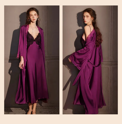 Sexy Female Long Robe Nightgown Set Kimono Bathrobe Gown Patchwork Lace Suspender Night Dress Sleepwear Loose Satin Homewear