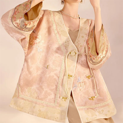 Chinese Style Tang Clothes Jacquard Embroidery Hanfu Cardigan Coat Retro V-Neck Qipao Top Jacket Spring Summer Women's Outwear
