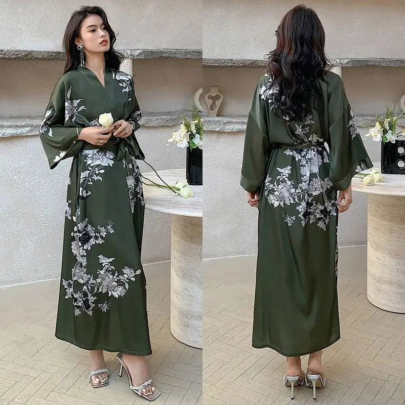 Female Long Robe Chinese Style Print Flower Sleepwear Nightgown Half Sleeve Kimono Bathrobe Gown Loose Casual Satin Home Wear
