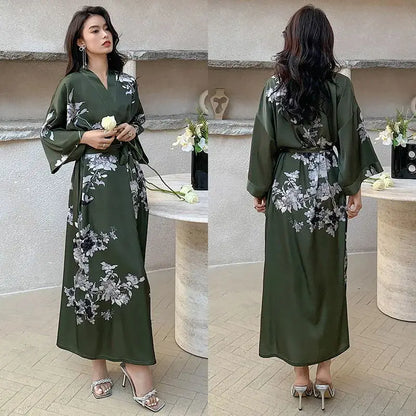 Female Long Robe Chinese Style Print Flower Sleepwear Nightgown Half Sleeve Kimono Bathrobe Gown Loose Casual Satin Home Wear