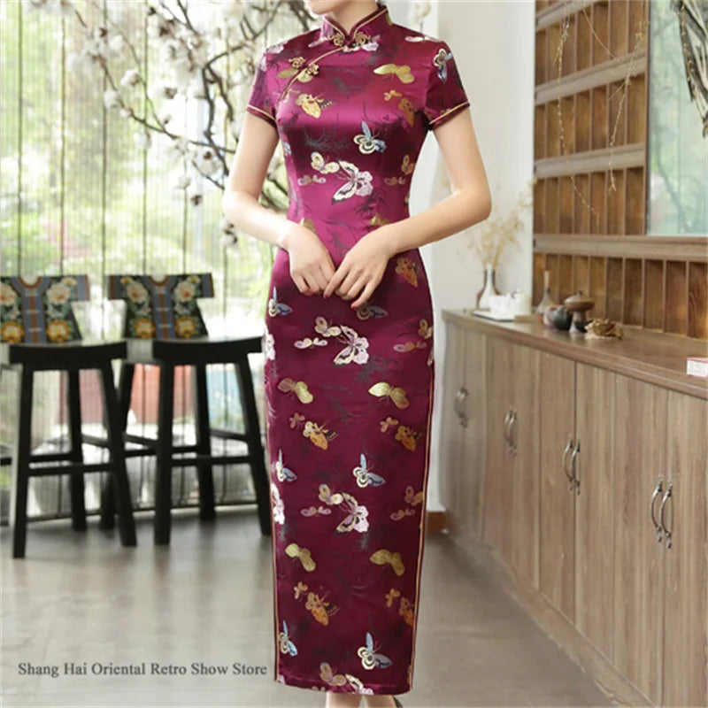Traditional Satin Long Green Cheongsam Vintage Chinse Style Women's Vestido Dress Summer Jacquard Short Sleeve Qipao Asian Dress