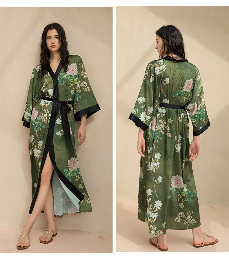 Female Long Robe Chinese Style Print Flower Sleepwear Nightgown Half Sleeve Kimono Bathrobe Gown Loose Casual Satin Home Wear