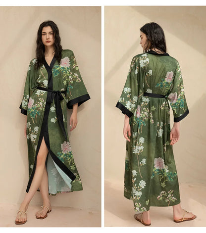 Female Long Robe Chinese Style Print Flower Sleepwear Nightgown Half Sleeve Kimono Bathrobe Gown Loose Casual Satin Home Wear