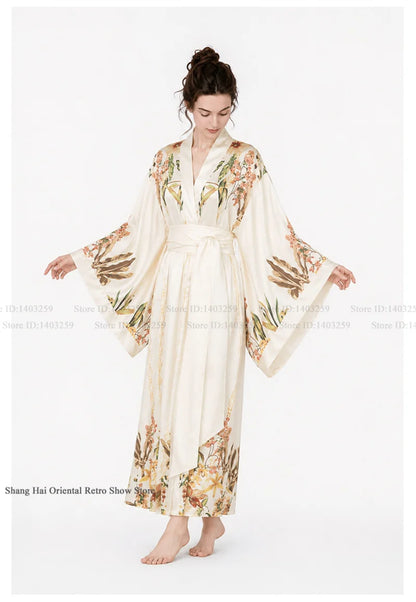 Print Flower Female Long Robe Big Sleeve Kimono Bathrobe Gown Spring Summer Silk Satin Sleepwear Night Dress Loose Homewear