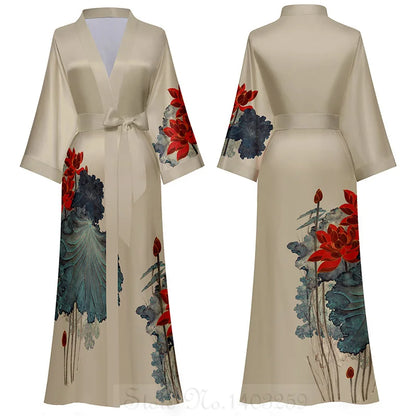 Oversize Long Robe Spring Summer Women Sleepwear Kimono Bathrobe Gown Sexy Satin Nightwear Nightgown Loose Home Dress Loungewear