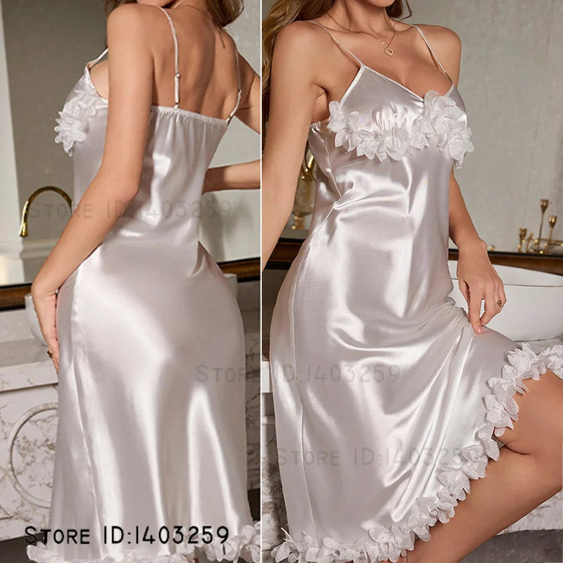 Female Chemise Nightgown Sleepwear Sexy Lace Spaghetti Strap Nightdress Intimate Lingerie Summer New Satin Home Dressing Gown