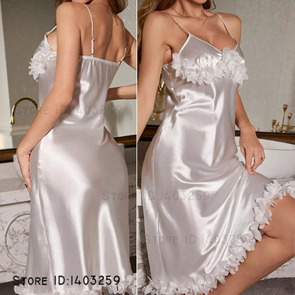 Female Chemise Nightgown Sleepwear Sexy Lace Spaghetti Strap Nightdress Intimate Lingerie Summer New Satin Home Dressing Gown