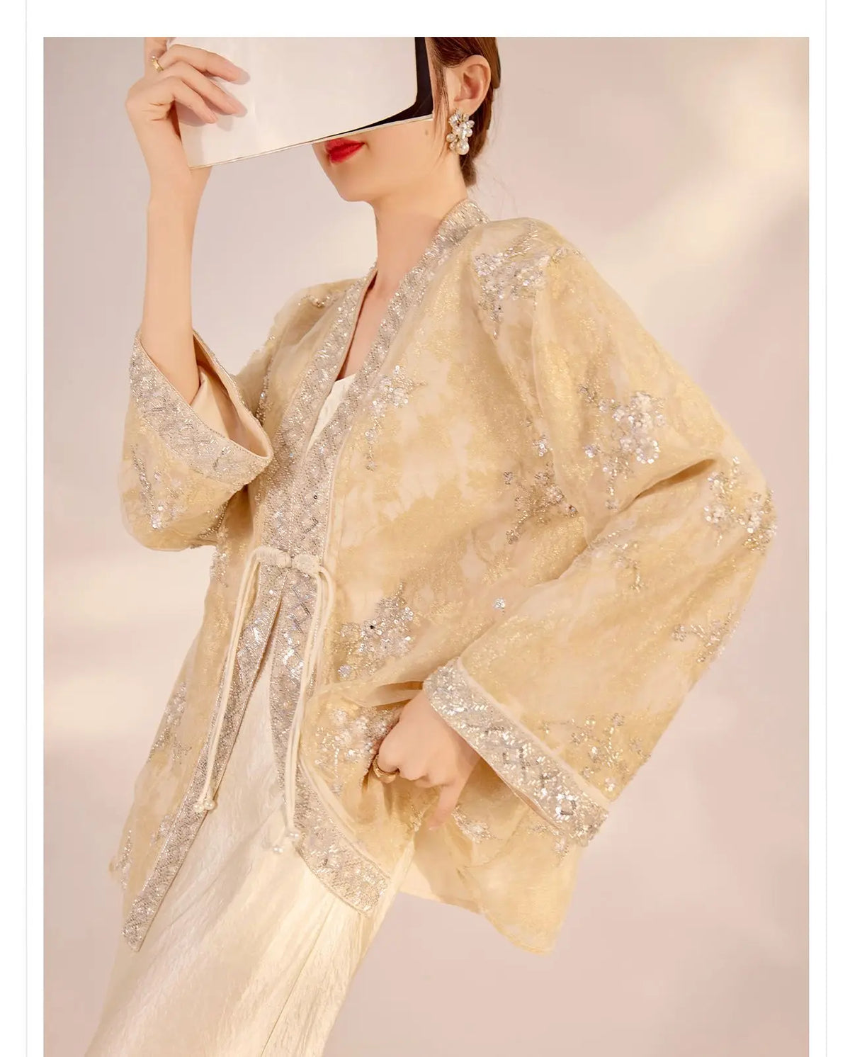 Chinese Style Tang Clothes Qipao Tops Sequin Embroidery Hanfu Cardigan Vintage V-Neck Women Jacket Elegant Spring Summer Outwear