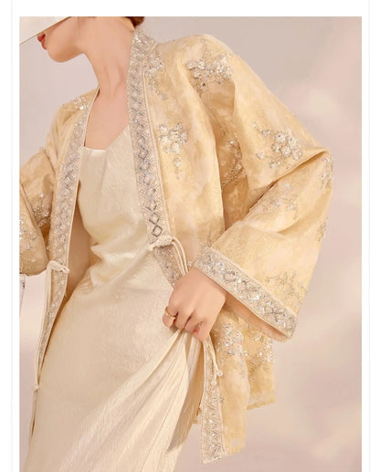 Chinese Style Tang Clothes Qipao Tops Sequin Embroidery Hanfu Cardigan Vintage V-Neck Women Jacket Elegant Spring Summer Outwear