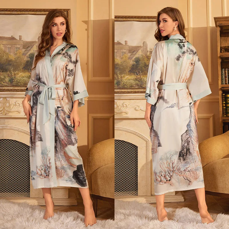 Female Long Robe Chinese Style Print Flower Sleepwear Nightgown Half Sleeve Kimono Bathrobe Gown Loose Casual Satin Home Wear