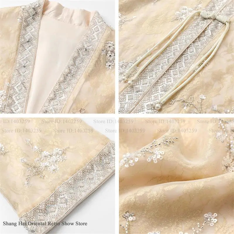 Chinese Style Tang Clothes Qipao Tops Sequin Embroidery Hanfu Cardigan Vintage V-Neck Women Jacket Elegant Spring Summer Outwear