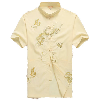 Chinese Men Cotton Kung Fu Suit Embroidery  Wu Shu Uniform Tai Chi Clothing Short Sleeve Shirt+Pant M L XL XXL XXXL MS013