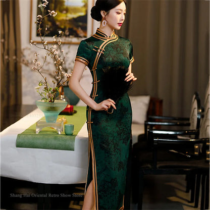 Traditional Chinese Long Cheongsam Plus Size Print Flower Chinese Dress Sexy Slim Split Qipao Novelty Party Evening Party Dress