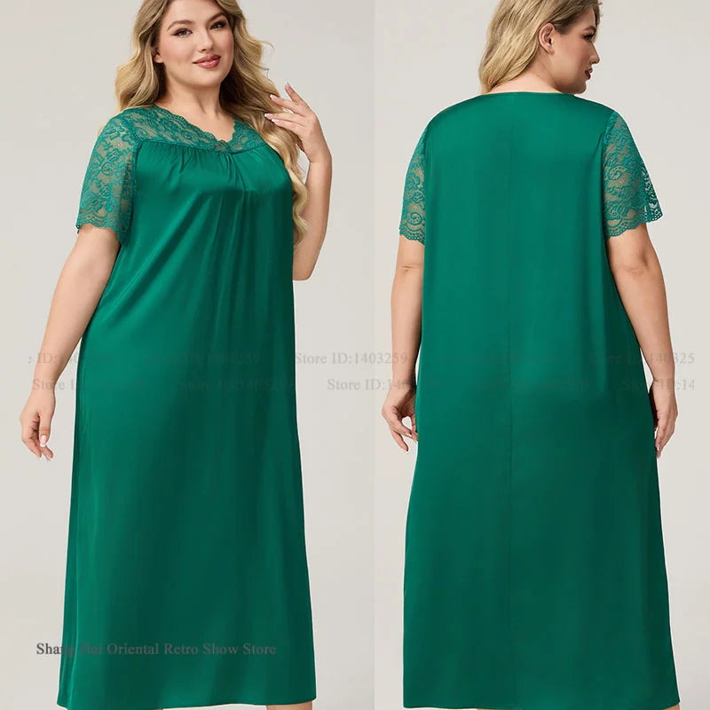 Large Size 3XL 4XL 5XL Long Nightgown Spring Summer New Female Sleepwear Loungewear Sexy Frill Lace Nightdress Ice Silk Homewear