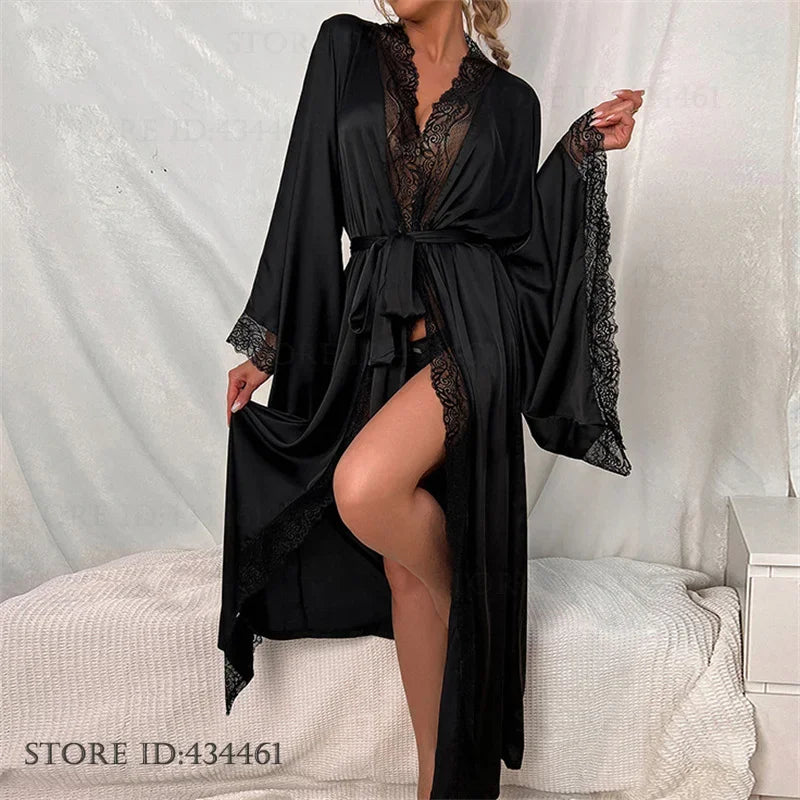 Sexy Lace Kimono Bathrobe Gown Ice Silk Women Long Robe Dress Nightgown Spring New Sleepwear Nightwear Loose Homewear Loungewear