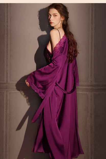 Sexy Female Long Robe Nightgown Set Kimono Bathrobe Gown Patchwork Lace Suspender Night Dress Sleepwear Loose Satin Homewear