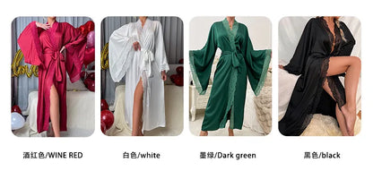 Sexy Lace Kimono Bathrobe Gown Ice Silk Women Long Robe Dress Nightgown Spring New Sleepwear Nightwear Loose Homewear Loungewear