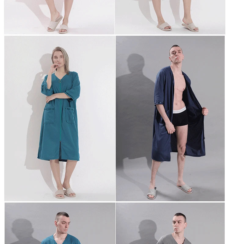 Plus Size 3XL Spring Summer Waffle Kimono Bathrobe Gown Couple Robe Nightgown Women Sleepwear Loose Casual Home Wear Loungewear