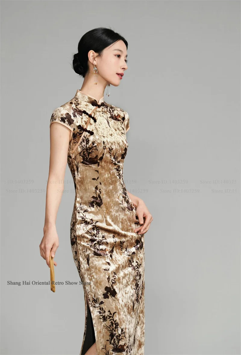 Oversize Velour Chinese Cheongsam Sexy Sleeveless Split Chinese Dress Traditional Costume Vintage Classic Mandarin Collar Qipao