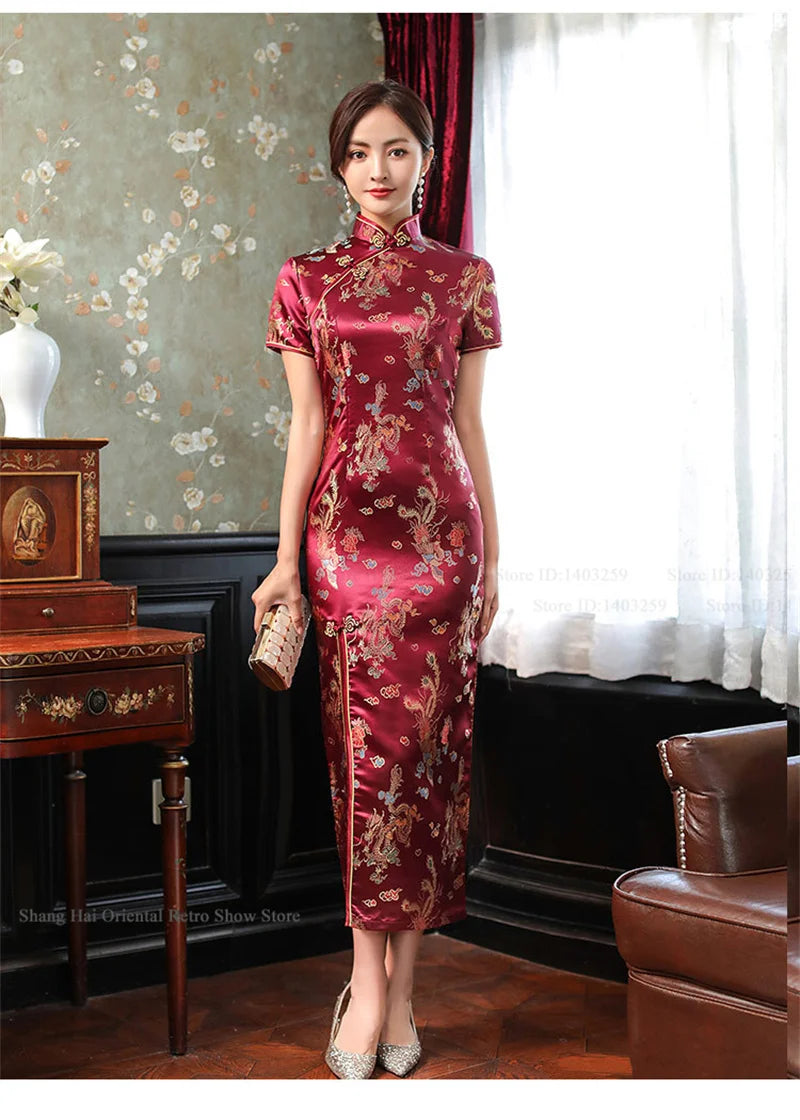 Oversize Chinese Style Dress Vintage Women's Long Qipao Dragon Phoenix Jacquard Satin Cheongsam Hanfu Sexy Slim Brocade Vestidos