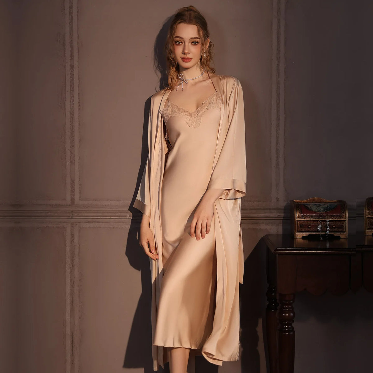 Elegant Female Twinset Robe Set Long Kimono Bathrobe Gown Sexy Lace Nightgown Lingerie Spring Autumn New Sleepwear Home Dress