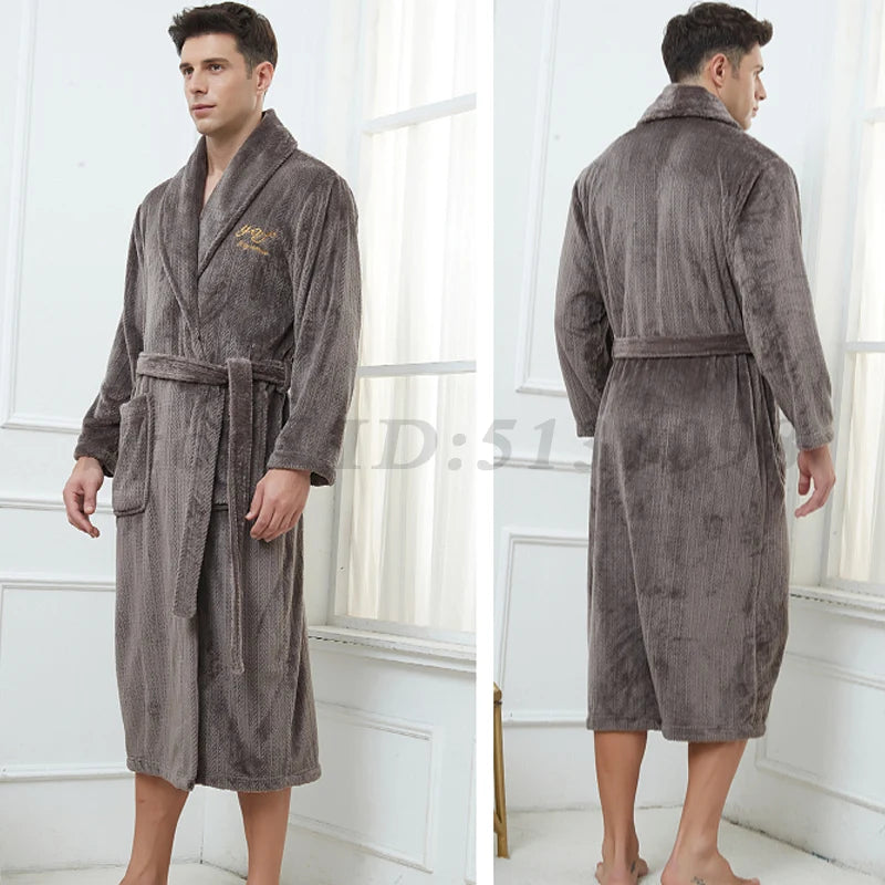 Autumn Winter Flannel Long Robe Couple Thicked Warm Sleepwear Men Casual Bathrobe Gown Plus Size Nightgown Women Loose Home Wear