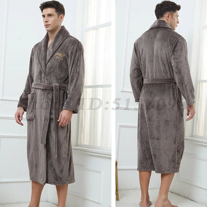 Autumn Winter Flannel Long Robe Couple Thicked Warm Sleepwear Men Casual Bathrobe Gown Plus Size Nightgown Women Loose Home Wear