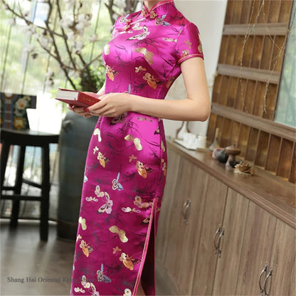 Traditional Satin Long Green Cheongsam Vintage Chinse Style Women's Vestido Dress Summer Jacquard Short Sleeve Qipao Asian Dress