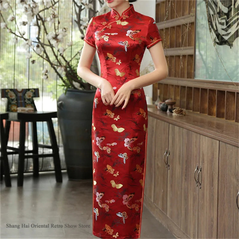 Traditional Satin Long Green Cheongsam Vintage Chinse Style Women's Vestido Dress Summer Jacquard Short Sleeve Qipao Asian Dress