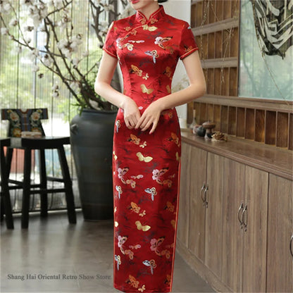 Traditional Satin Long Green Cheongsam Vintage Chinse Style Women's Vestido Dress Summer Jacquard Short Sleeve Qipao Asian Dress
