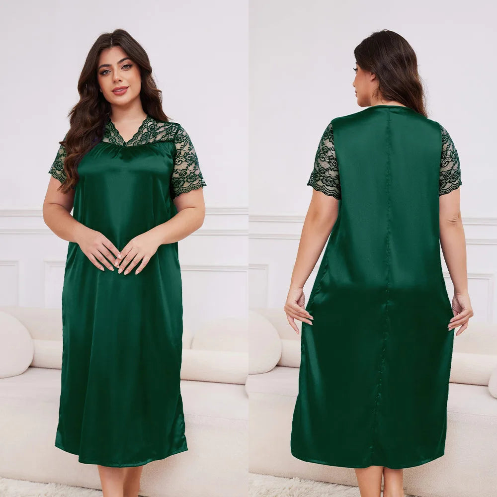Large Size 3XL 4XL 5XL Long Nightgown Spring Summer New Female Sleepwear Loungewear Sexy Frill Lace Nightdress Ice Silk Homewear