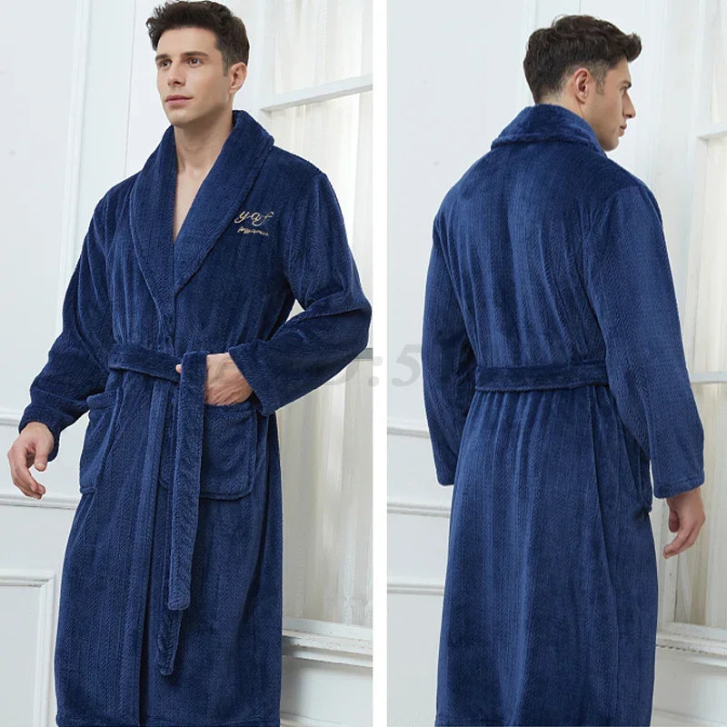 Autumn Winter Flannel Long Robe Couple Thicked Warm Sleepwear Men Casual Bathrobe Gown Plus Size Nightgown Women Loose Home Wear