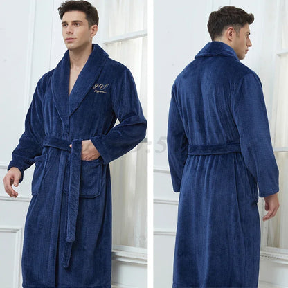 Autumn Winter Flannel Long Robe Couple Thicked Warm Sleepwear Men Casual Bathrobe Gown Plus Size Nightgown Women Loose Home Wear
