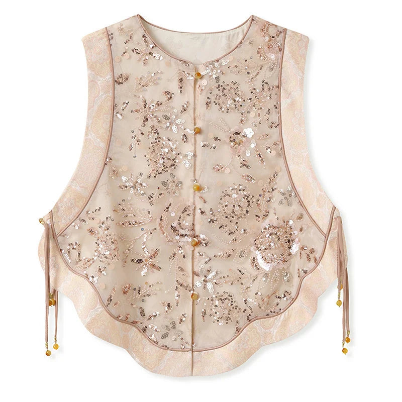 New Chinese Style Women Vest Traditional Tang Clothes Qipao Tops Luxury Sequin Bead Waistcoat Jacket Sexy Sleeveless Blouse Coat