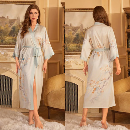 Female Long Robe Chinese Style Print Flower Sleepwear Nightgown Half Sleeve Kimono Bathrobe Gown Loose Casual Satin Home Wear