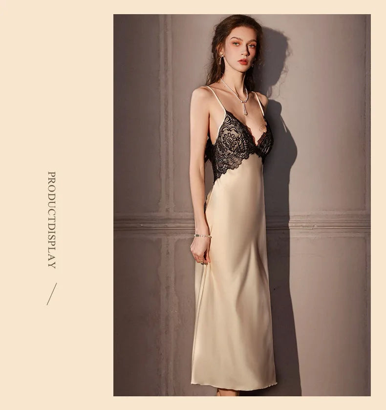 Sexy Female Long Robe Nightgown Set Kimono Bathrobe Gown Patchwork Lace Suspender Night Dress Sleepwear Loose Satin Homewear