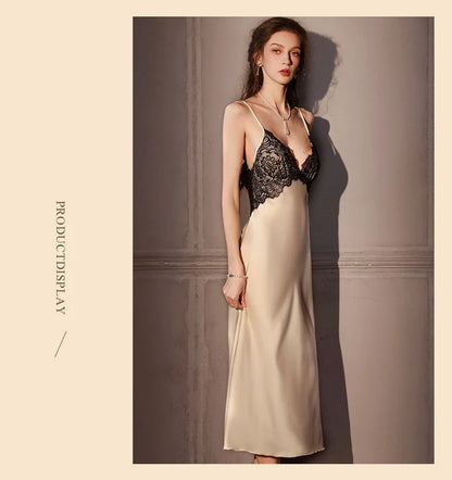 Sexy Female Long Robe Nightgown Set Kimono Bathrobe Gown Patchwork Lace Suspender Night Dress Sleepwear Loose Satin Homewear
